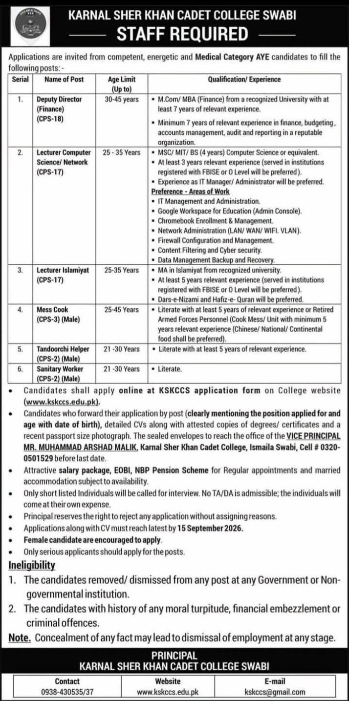 Karnal sher khan cadet college jobs 1-9-2026